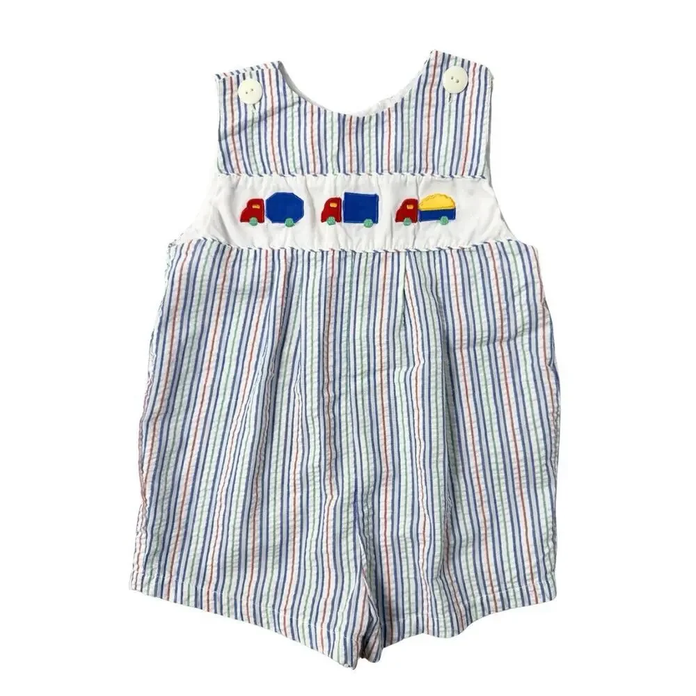Vintage Baby Boy Seersucker Shortall Romper 18M Striped Smocked Truck Outfit